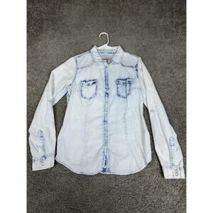 YMI Shirt Womens Medium Blue Light Wash Denim Button Up Long Sleeve Western Top